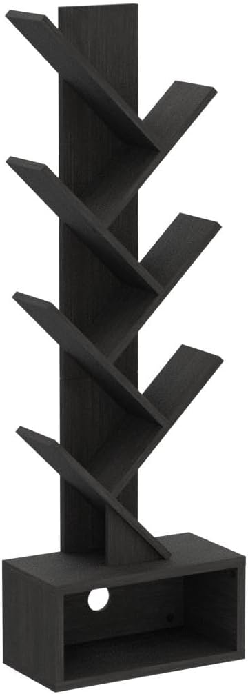 Yoobure Tree Bookshelf - 6 Shelf Retro Floor Standing Bookcase, Tall Wood Book Storage Rack for CDs/Movies/Books, Utility Book Organizer Shelves for Bedroom, Living Room, Home Office, Dark Grey - Image 4