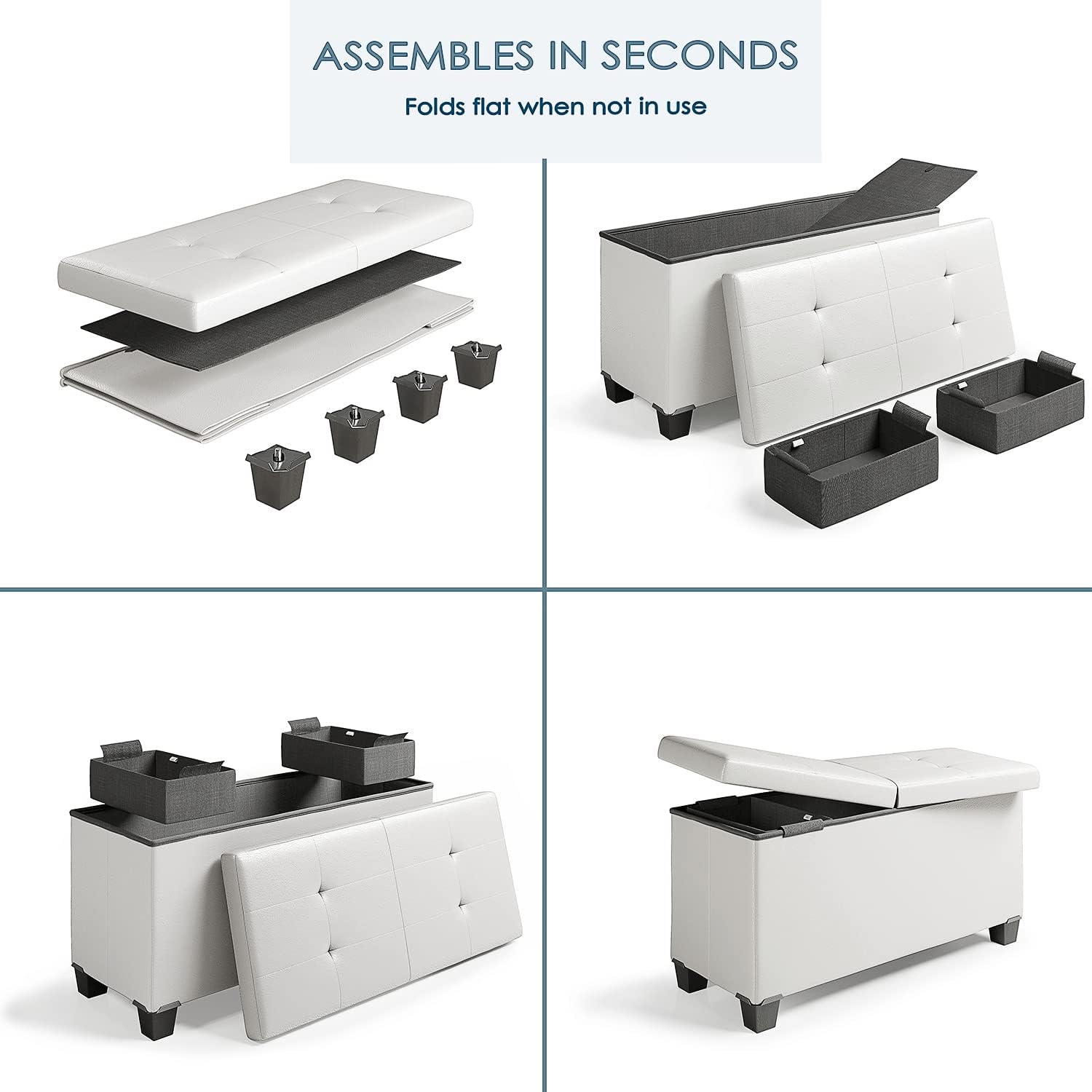 Storage Ottoman Bench with Storage Bins, 30-In Storage Bench for Bedroom End of Bed, Folding Foot Rest Ottoman with Storage for Living Room, Storage Chest Max 660lbs, Faux Leather Ottoman, Ivory - Image 6