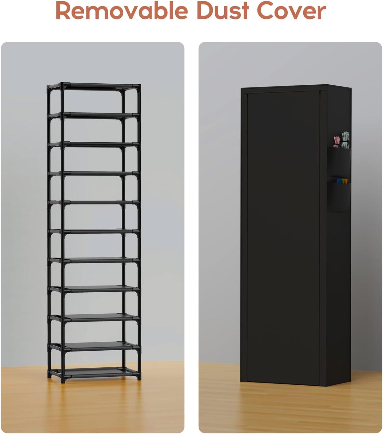 VTRIN Narrow Shoe Rack with Covers 10 Tiers Tall Shoe Rack for Closet Entryway Sturdy Shoe Rack Organizer Holds 20-22 Pairs Free Standing Shoe Storage Cabinet with Dustproof Cover Shoe Shelf - Image 7