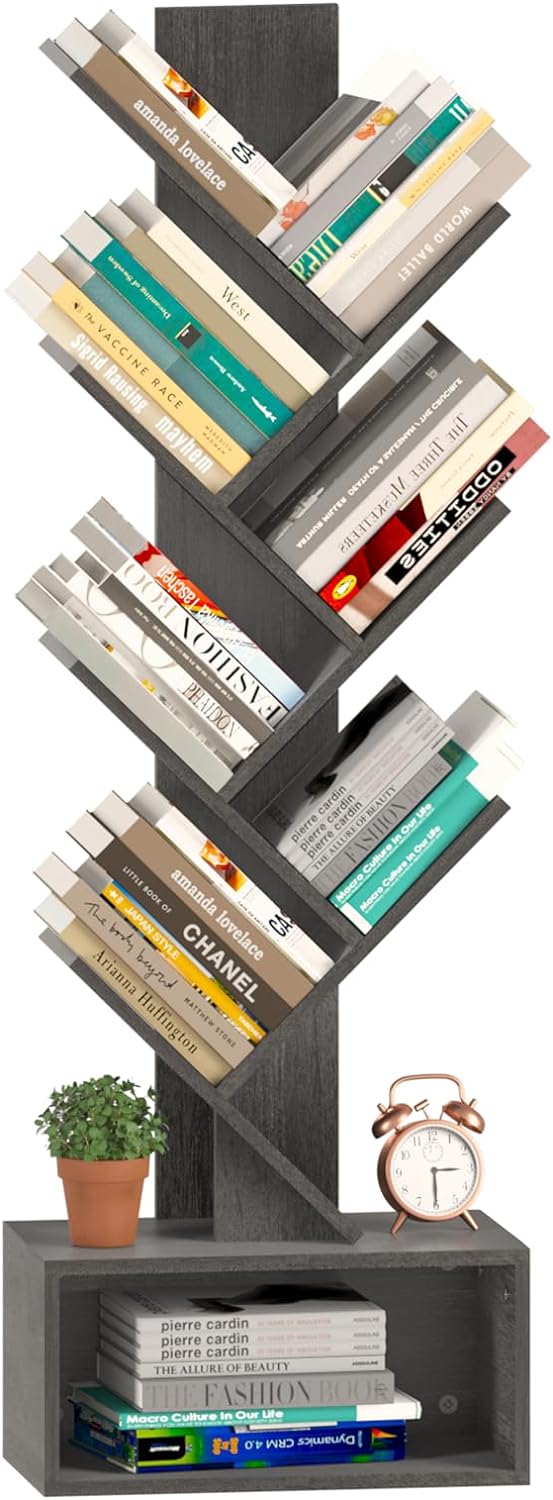 Yoobure Tree Bookshelf - 6 Shelf Retro Floor Standing Bookcase, Tall Wood Book Storage Rack for CDs/Movies/Books, Utility Book Organizer Shelves for Bedroom, Living Room, Home Office, Dark Grey