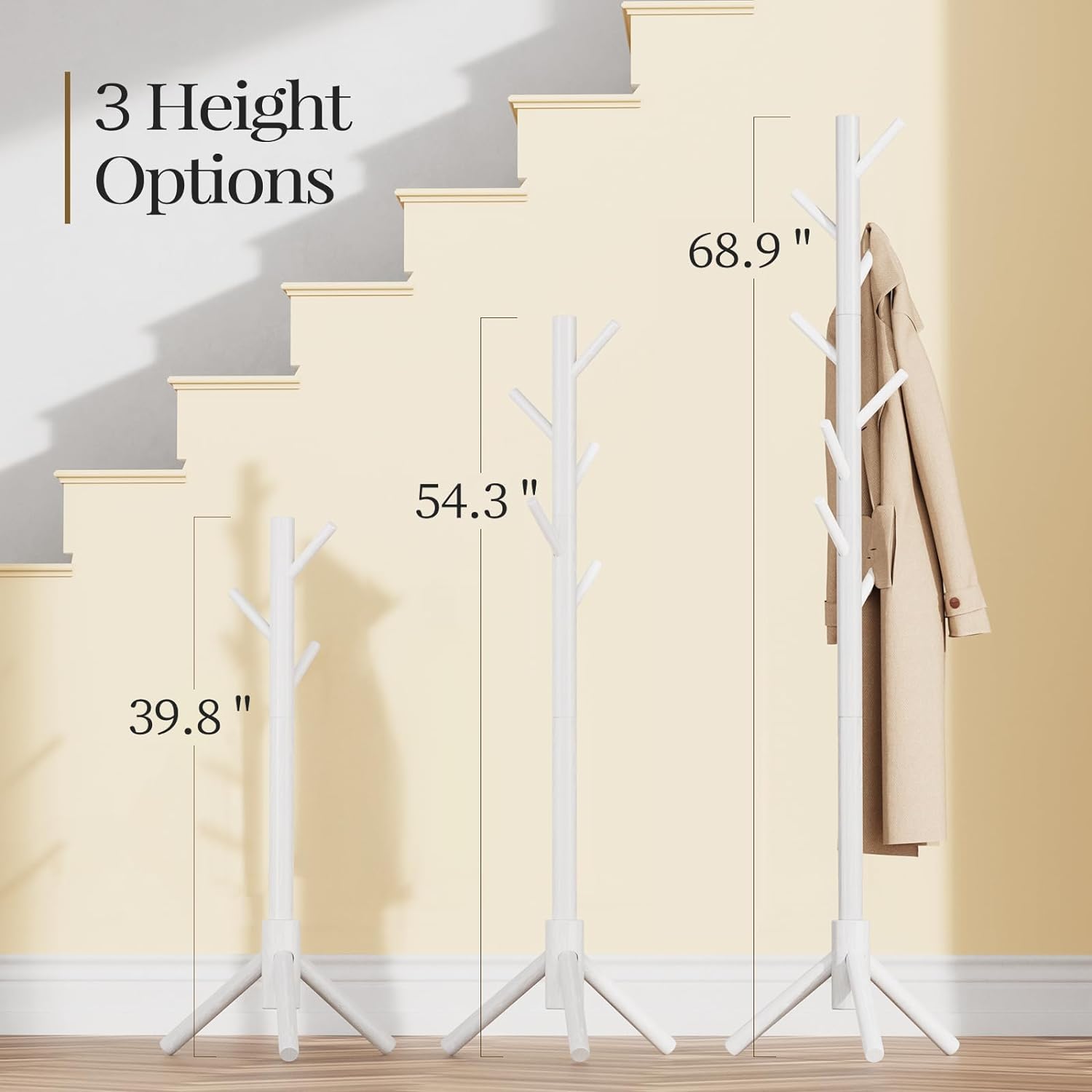 Pipishell Sturdy Wooden Coat Stand, 3 Adjustable Sizes Coat Tree with 8 Hooks, Coat Stands for Hallway Entryway, Hat Stand for Clothes, Used in Bedroom/Office/Hallway/Entryway, White - Image 3