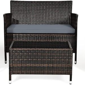 Goplus 4-Piece Rattan Patio Set, Outdoor/Indoor Wicker Conversation Set for Pool, Backyard, Lawn, Wicker Chairs and Sofa with Soft Cushion, Rattan Furniture with Tempered Glass Coffee Table