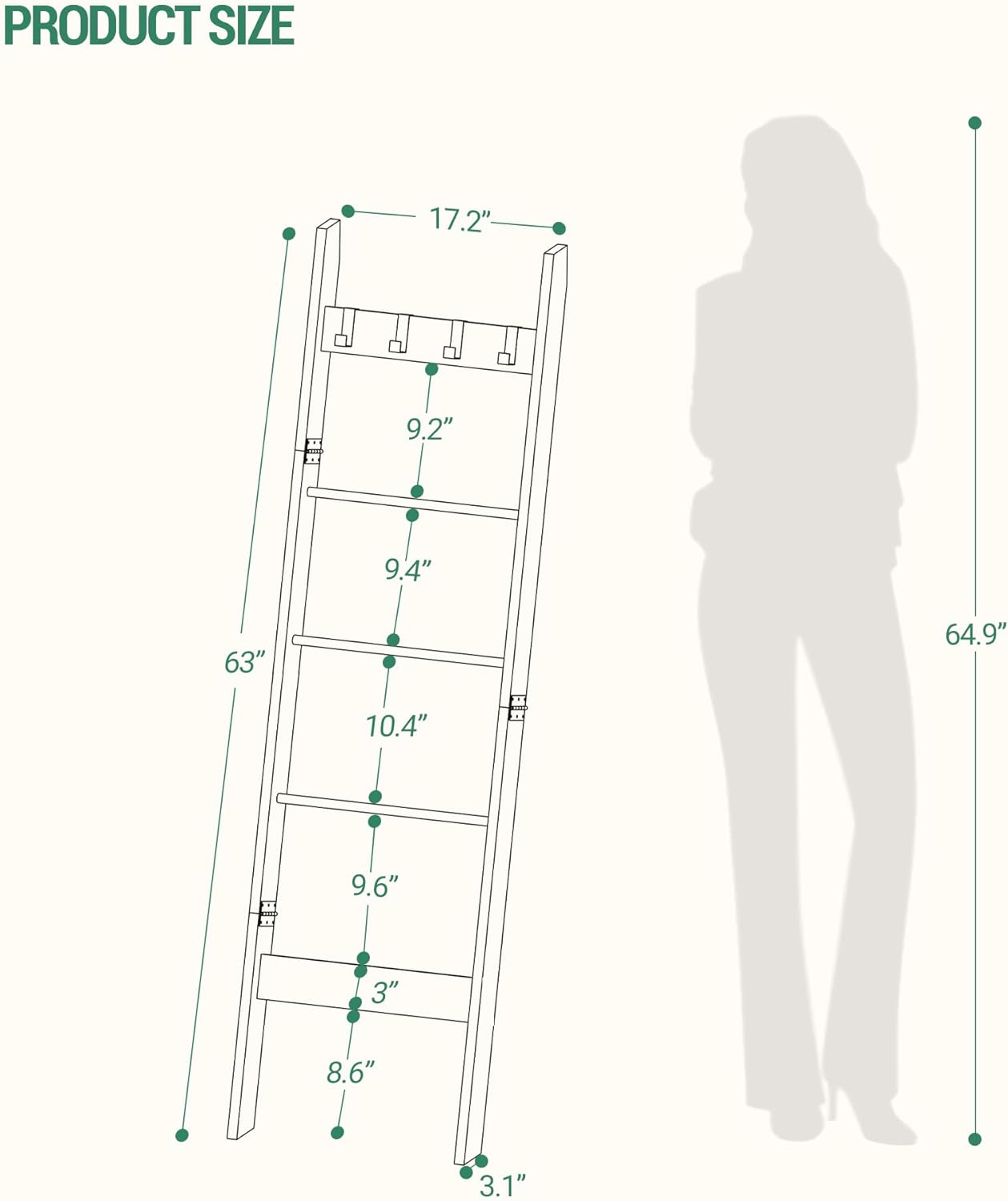 Hzuaneri Blanket Ladder Shelf for Living Room, Decorative Wood Quilt Rack with 4 Removable Hooks, 5-Tier Farmhouse Ladder Holder Organizer for Bedroom, Rustic White BR02114W - Image 2