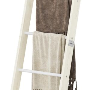Hzuaneri Blanket Ladder Shelf for Living Room, Decorative Wood Quilt Rack with 4 Removable Hooks, 5-Tier Farmhouse Ladder Holder Organizer for Bedroom, Rustic White BR02114W
