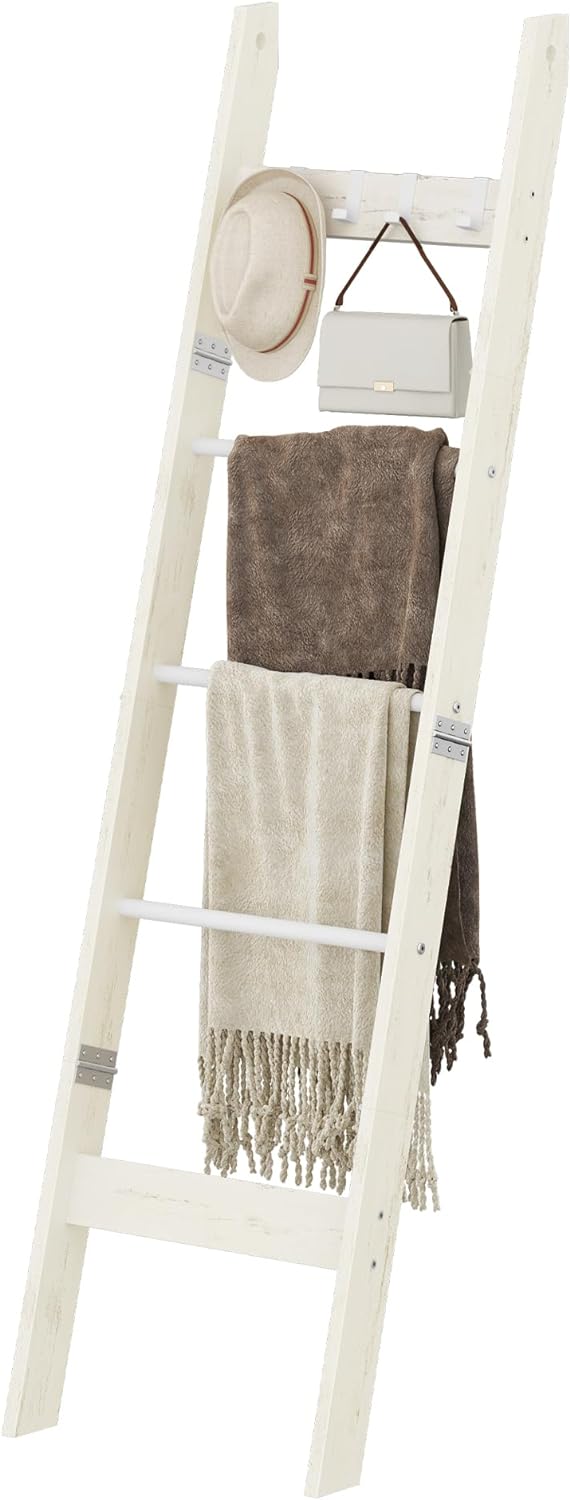 Hzuaneri Blanket Ladder Shelf for Living Room, Decorative Wood Quilt Rack with 4 Removable Hooks, 5-Tier Farmhouse Ladder Holder Organizer for Bedroom, Rustic White BR02114W