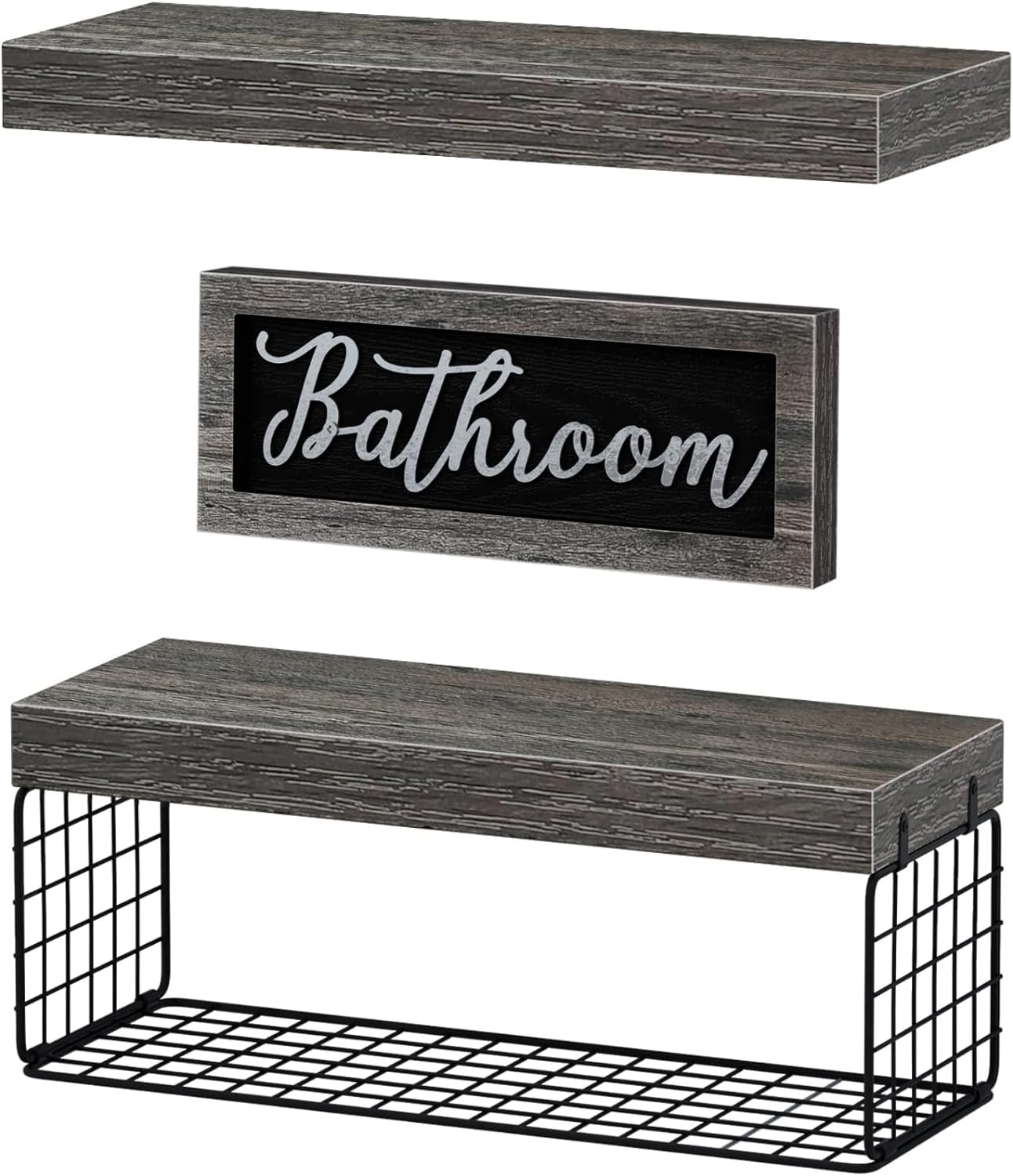 QEEIG Bathroom Furniture Sets, Shelves Over Toilet Bathroom Decor Farmhouse Decorations Aesthetic Décor Sign Small Wall Shelf 2+1 Set 16 inch, Grey - Image 6