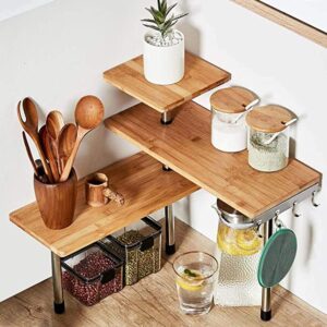 HYNAWIN 3 Tier Corner Shelf Bamboo & Metal Storage Spice Rack-Desk Bookshelf Display Shelves Space Saving Organizer -Adjustable Rack for Kitchen,Bedroom, Office-Creative Home Décor with Hooks
