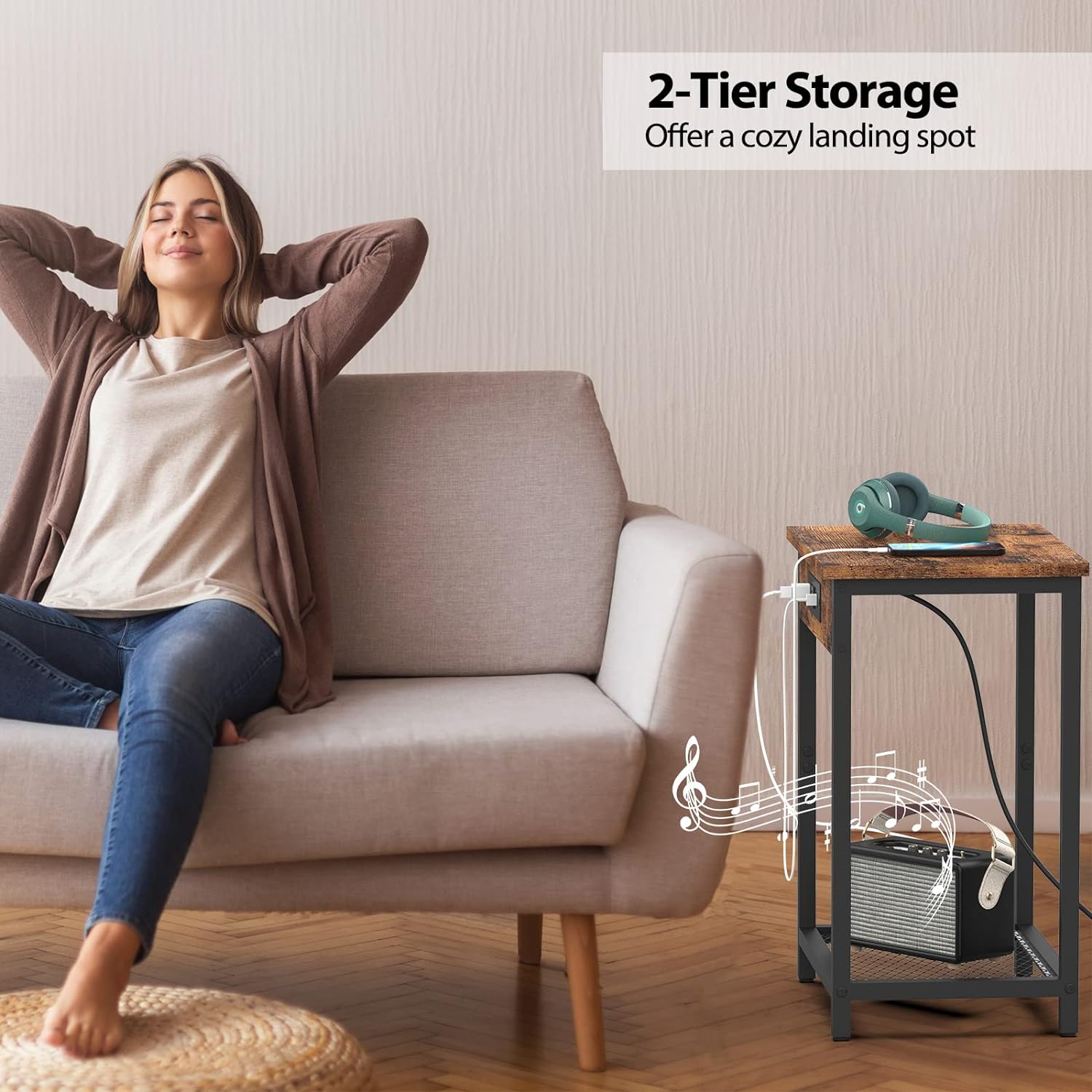 CADUKE Nightstand Set of 2, Bedside Table with Charging Station for Bedroom, Industrial Side End Table with USB Ports and Power Outlets for Farmhouse - Image 3