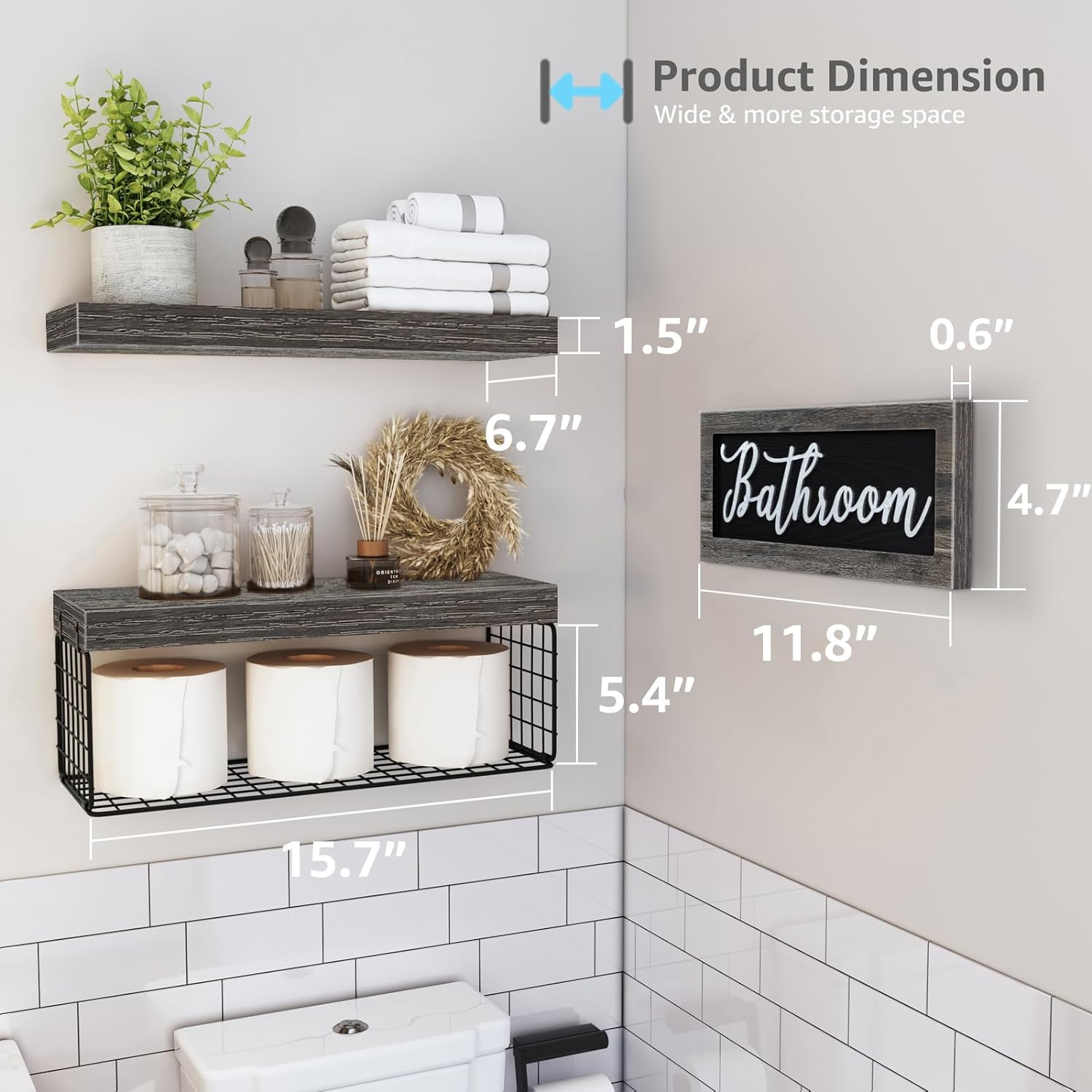 QEEIG Bathroom Furniture Sets, Shelves Over Toilet Bathroom Decor Farmhouse Decorations Aesthetic Décor Sign Small Wall Shelf 2+1 Set 16 inch, Grey - Image 3