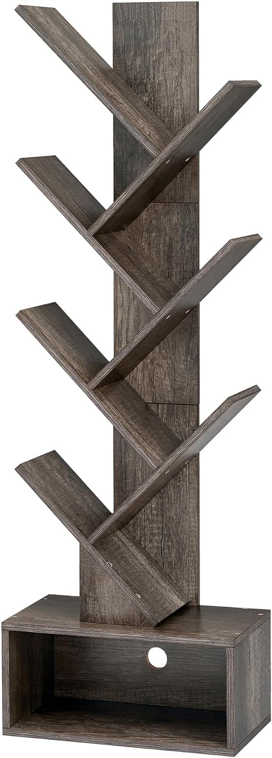 Hoctieon 6 Tier Tree Bookshelf, Tall Bookcase with Drawer, Freestanding Book Shelf, Display Floor Standing Storage Shelf, Book Organizer Shelves for Home Office, Living Room, Bedroom, Grey - Image 9