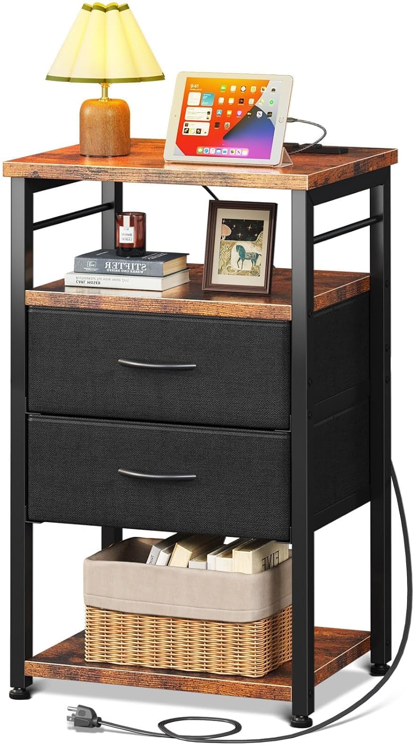 AODK Night Stand with Charging Station, End Table for Bedroom Tall Nightstand with Drawers, Small Nightstand for Bedroom, 4-Tier Storage Bedside Table, Vintage and Black