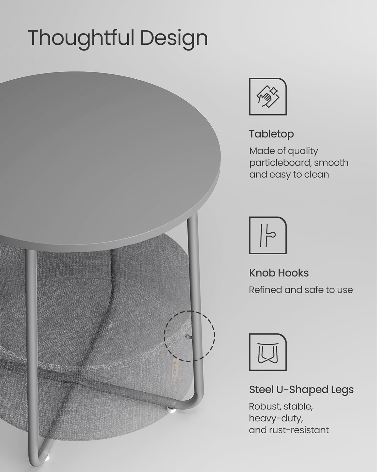 VASAGLE Small Round Side End Table, Modern Nightstand with Fabric Basket, Bedside Table for Living Room Bedroom,,Dove Gray and Slate Gray LET223G36 - Image 5