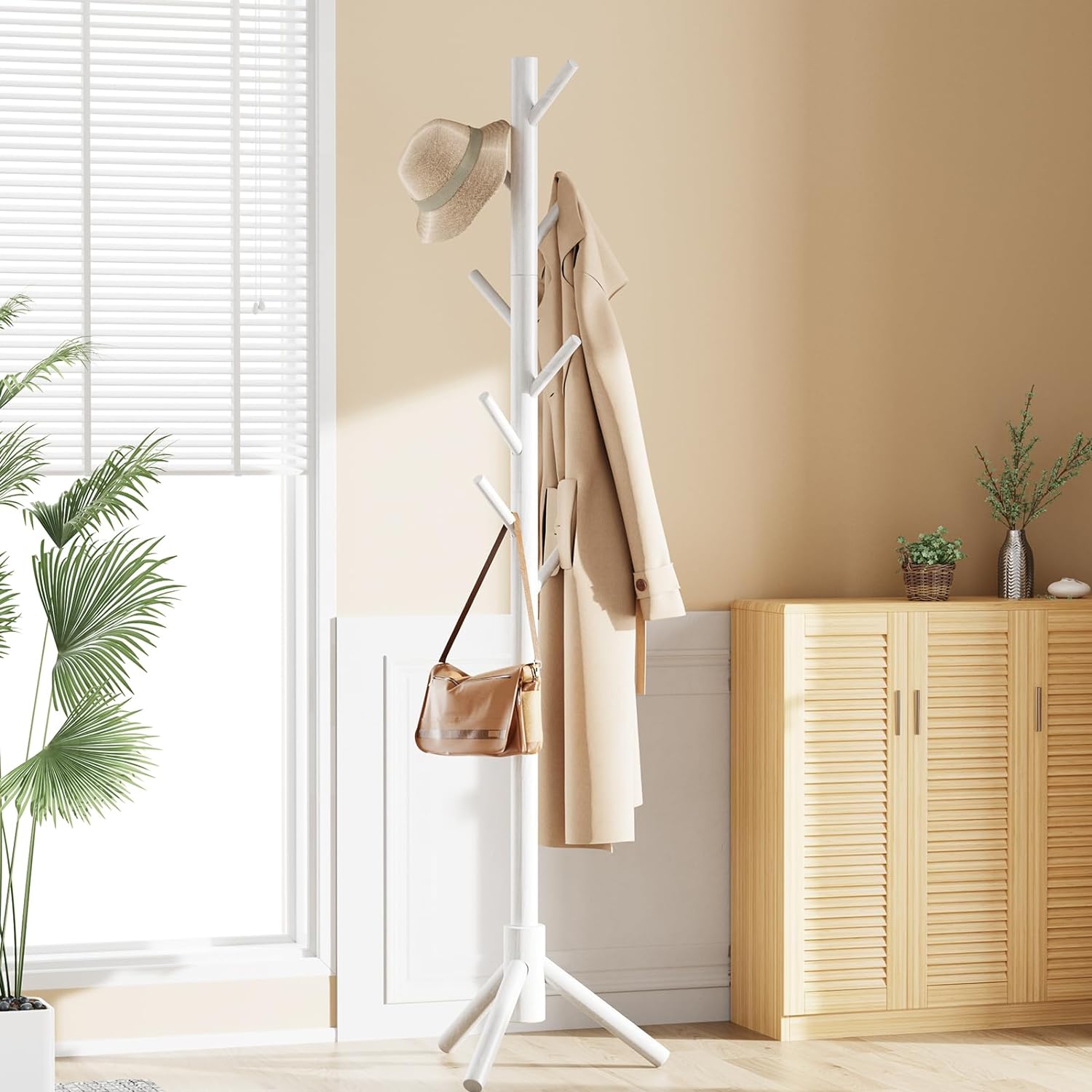 Pipishell Sturdy Wooden Coat Stand, 3 Adjustable Sizes Coat Tree with 8 Hooks, Coat Stands for Hallway Entryway, Hat Stand for Clothes, Used in Bedroom/Office/Hallway/Entryway, White - Image 7