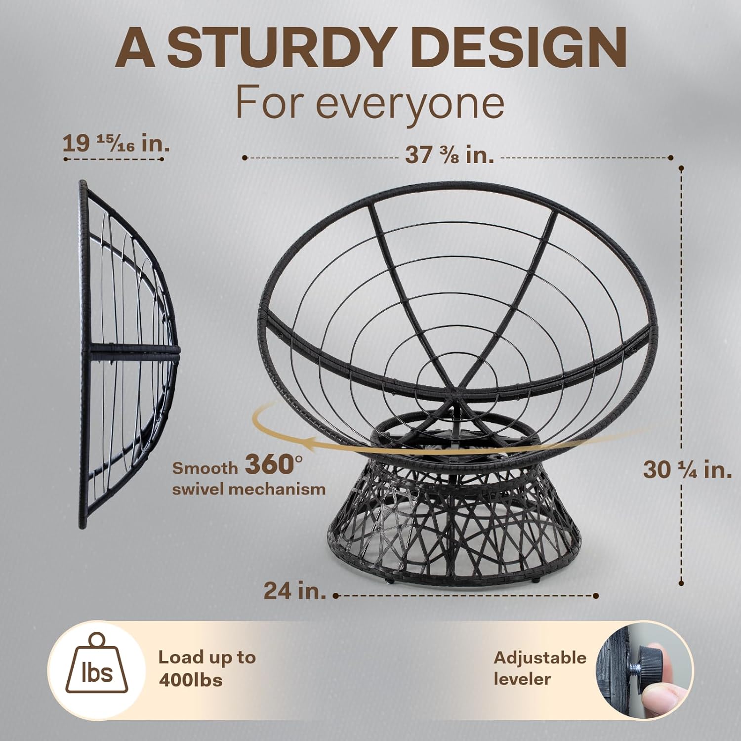 Bme Ergonomic Wicker Papasan Chair with Soft Thick Density Fabric Cushion, High Capacity Steel Frame, 360 Degree Swivel for Living, Bedroom, Reading Room, Lounge, Smoky Quartz - Black Base - Image 2