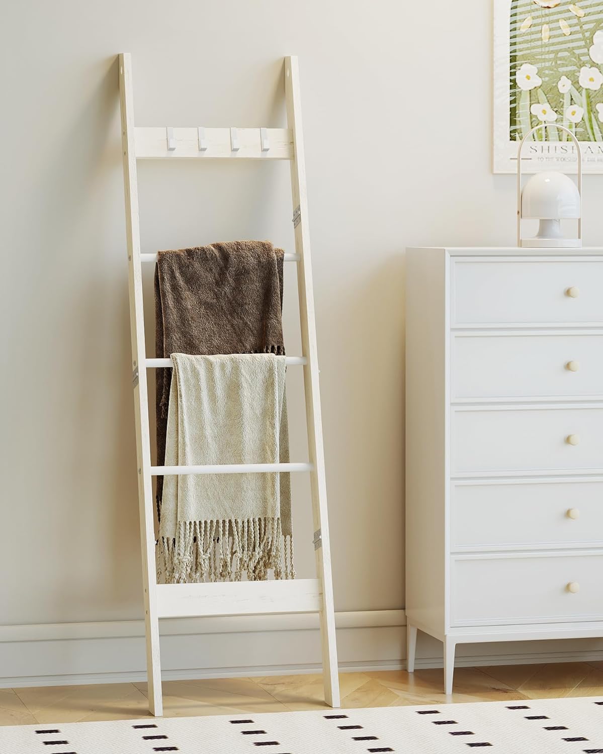 Hzuaneri Blanket Ladder Shelf for Living Room, Decorative Wood Quilt Rack with 4 Removable Hooks, 5-Tier Farmhouse Ladder Holder Organizer for Bedroom, Rustic White BR02114W - Image 4