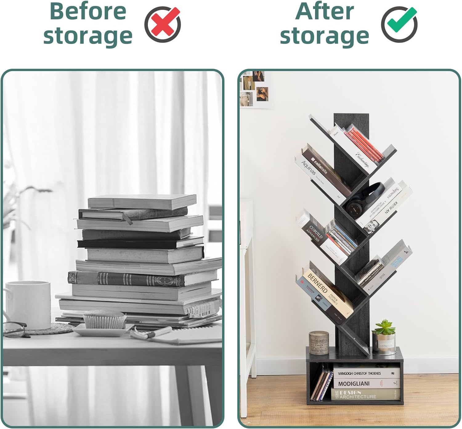 Yoobure Tree Bookshelf - 6 Shelf Retro Floor Standing Bookcase, Tall Wood Book Storage Rack for CDs/Movies/Books, Utility Book Organizer Shelves for Bedroom, Living Room, Home Office, Dark Grey - Image 5