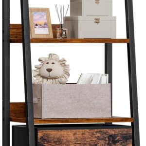 Furologee 4-Tier Ladder Shelf, Ladder Bookshelf with Removable Drawer, Rustic Bookcase Storage Rack Organizer, Wood Metal Freestanding Storage Shelves for Living Room, Home Office, Bedroom, Kitchen