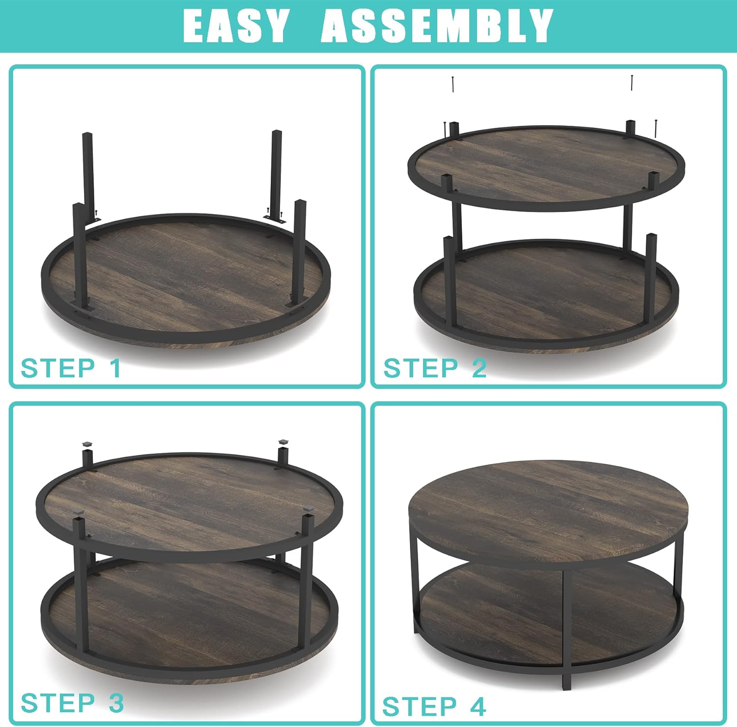 NSdirect 36 inches Round Coffee Table, Rustic Wooden Surface Top & Sturdy Metal Legs Industrial Sofa Table for Living Room Modern Design Home Furniture with Storage Open Shelf(Rustic Brown) - Image 8