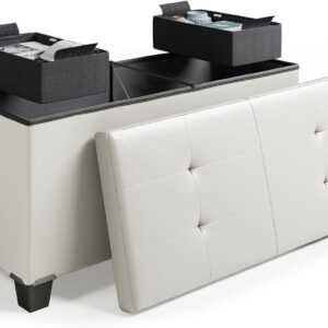 Storage Ottoman Bench with Storage Bins, 30-In Storage Bench for Bedroom End of Bed, Folding Foot Rest Ottoman with Storage for Living Room, Storage Chest Max 660lbs, Faux Leather Ottoman, Ivory