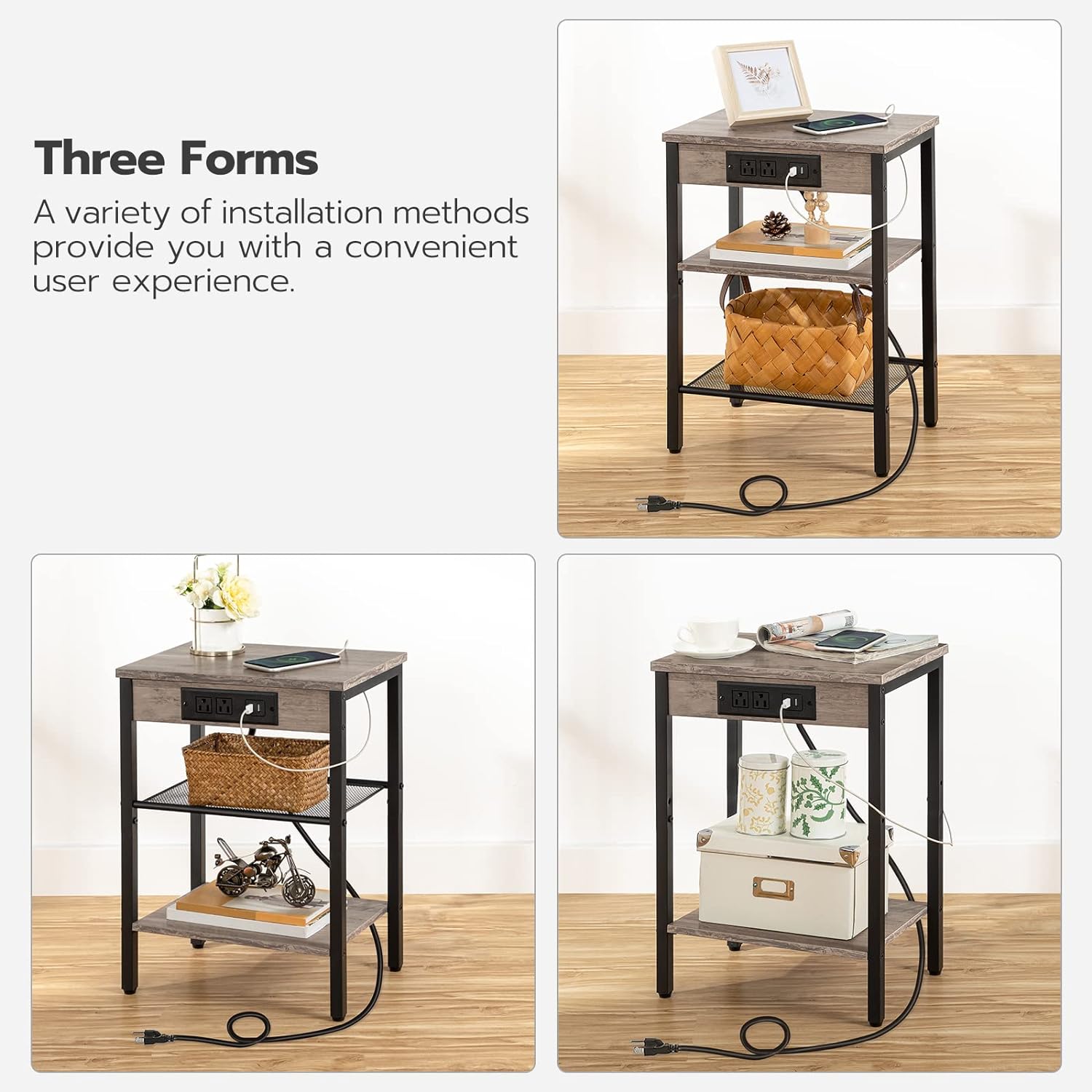 HOOBRO End Tables Set of 2 with Charging Station and USB Ports, 3-Tier Nightstands with Adjustable Shelves, Narrow Side Tables for Small Space in Living Room, Bedroom and Balcony, Greige BG112BZP201 - Image 6