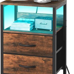 Yoobure Nightstand with Charging Station, LED Night Stand with Fabric Drawers and Storage Shelf for Bedroom, Nightstands Bedside Tables with USB Ports & Outlets, Small Night Stands, Bed Side Table