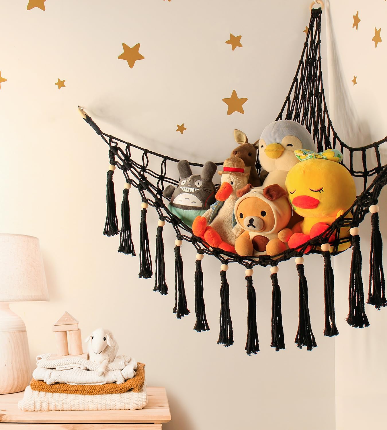 Stuffed Animal Net or Hammock - Hanging Stuffed Animal Hammock Storage - Toy Hammock Holder Boho Wall Corner Hammock Organizer inc LED Light and Hooks, Black - Image 3