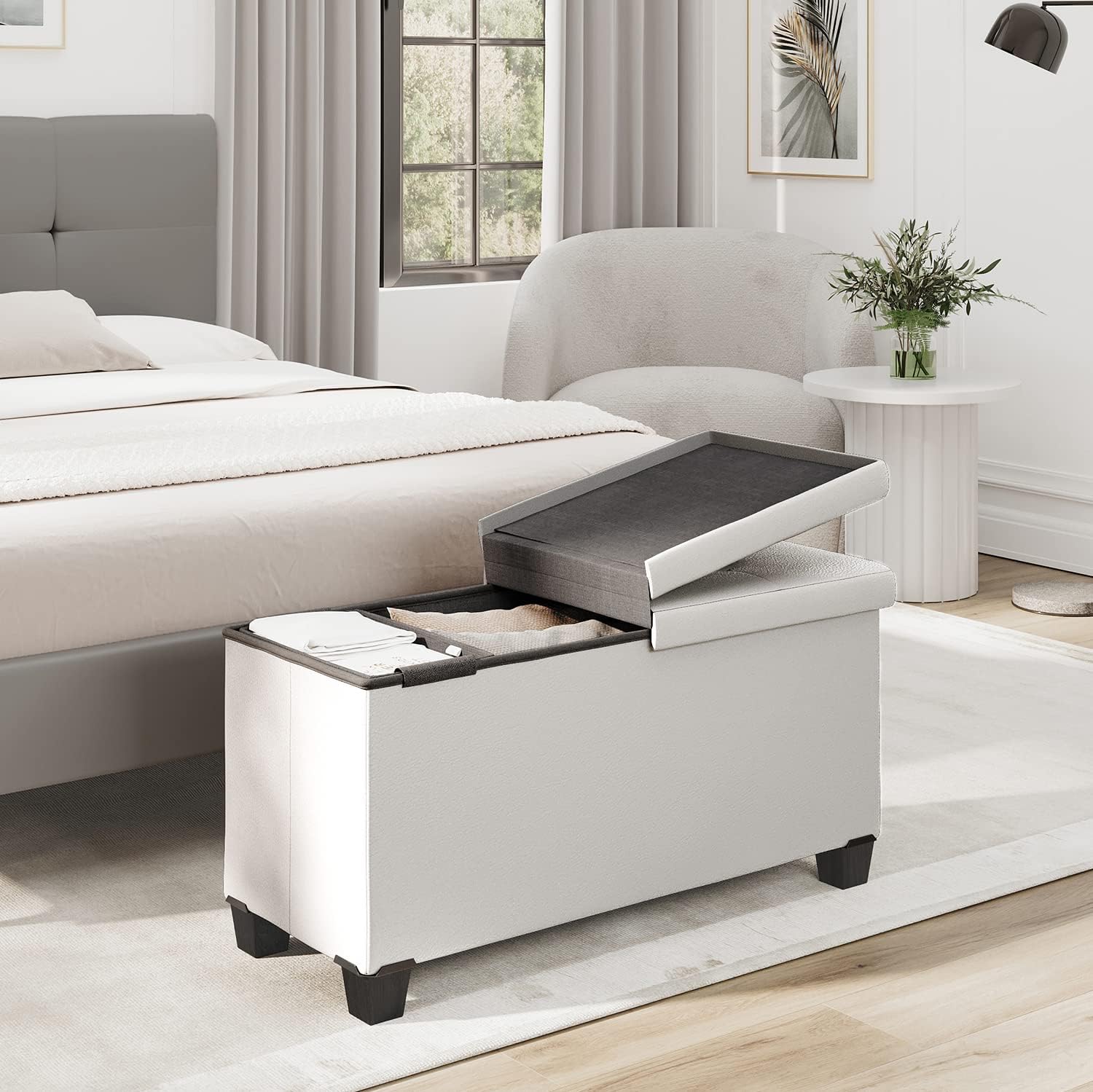 Storage Ottoman Bench with Storage Bins, 30-In Storage Bench for Bedroom End of Bed, Folding Foot Rest Ottoman with Storage for Living Room, Storage Chest Max 660lbs, Faux Leather Ottoman, Ivory - Image 2