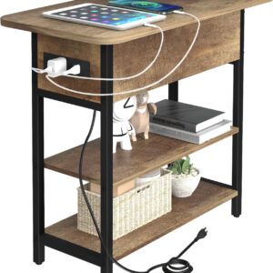 Yoobure End Table with Charging Station, Flip Top Side Table with USB Ports and Outlets, Sofa Couch Table Bedside Table for Living Room Bedroom, Narrow Nightstand with Storage Shelves for Small Space