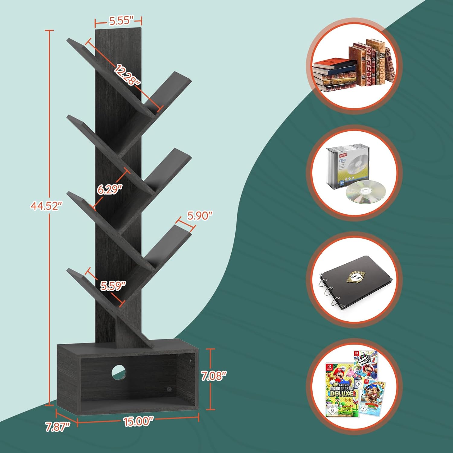 Yoobure Tree Bookshelf - 6 Shelf Retro Floor Standing Bookcase, Tall Wood Book Storage Rack for CDs/Movies/Books, Utility Book Organizer Shelves for Bedroom, Living Room, Home Office, Dark Grey - Image 8