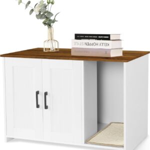 Dwanton Cabinet - White + Warm Brown Litter Box Enclosure with Scratching Mat, 31.5'L x 19.7'W x 21.7'H