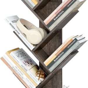Hoctieon 6 Tier Tree Bookshelf, Tall Bookcase with Drawer, Freestanding Book Shelf, Display Floor Standing Storage Shelf, Book Organizer Shelves for Home Office, Living Room, Bedroom, Grey