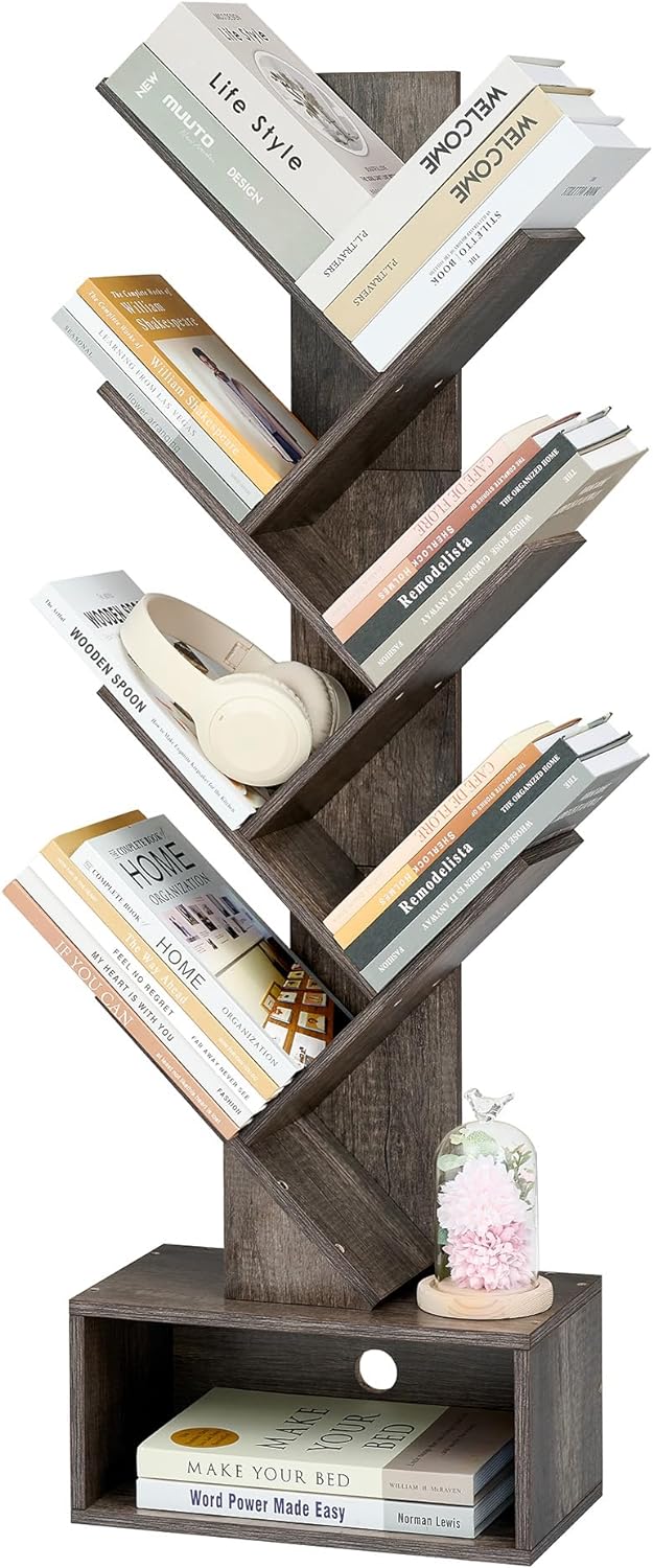 Hoctieon 6 Tier Tree Bookshelf, Tall Bookcase with Drawer, Freestanding Book Shelf, Display Floor Standing Storage Shelf, Book Organizer Shelves for Home Office, Living Room, Bedroom, Grey
