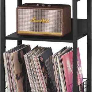 LELELINKY Black End Table, Small Side Table with Metal Frame,Modern Record Player Stand with Storage Shelf, Wood 3 Tier Sofa Bedside Tables, Narrow Nightstand for Living Room Bedroom Office