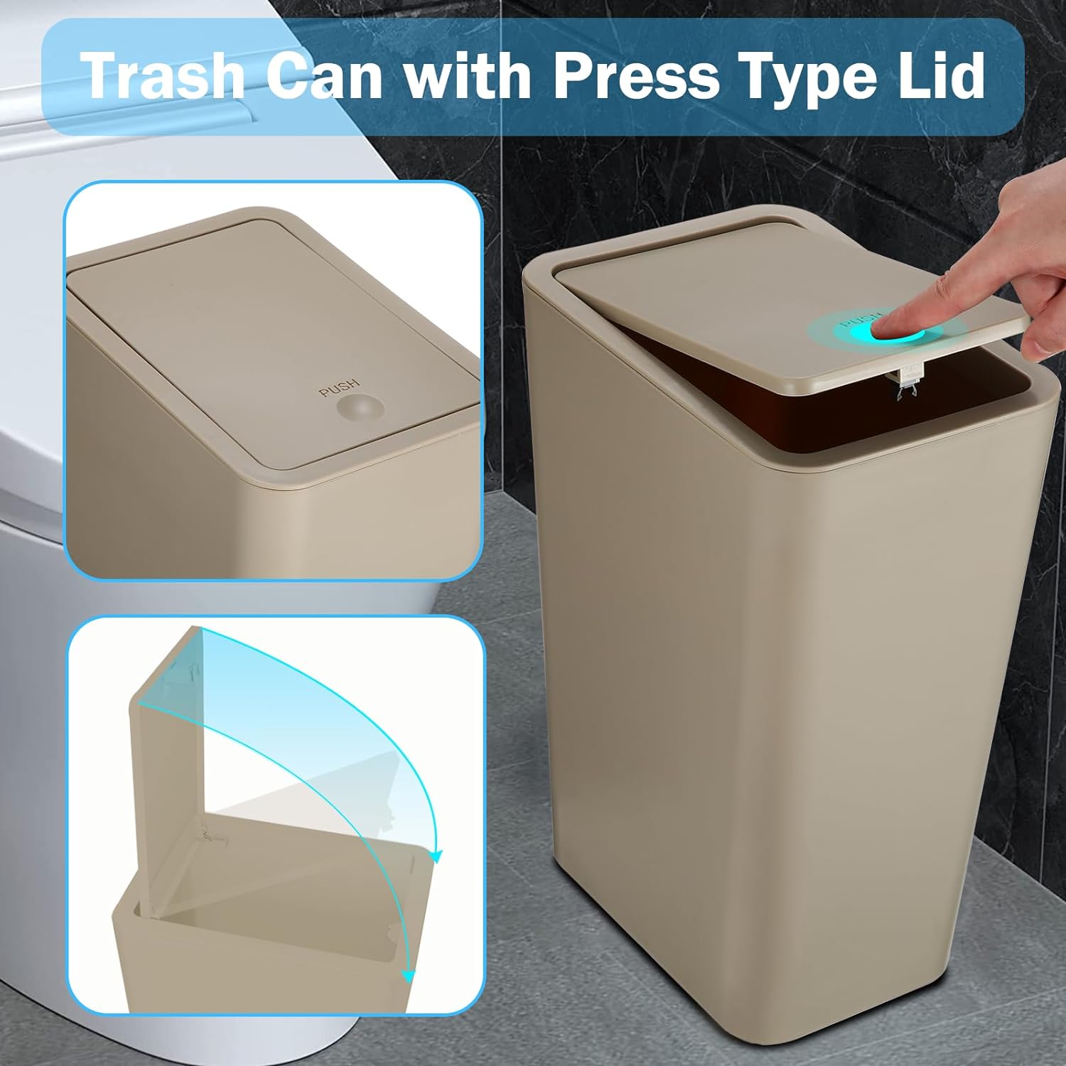 3 Pack Bathroom Small Trash Can with Lid,10L / 2.6 Gallon Slim Garbage Bin Wastebasket with Pop-Up Lid for Bedroom, Office, Kitchen, Craft Room, Fits Under Desk/Cabinet/Sink/ - Image 3