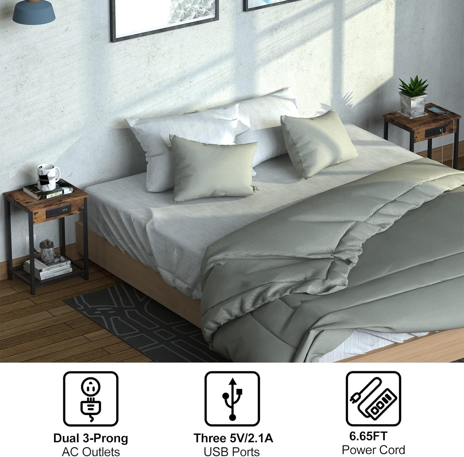 CADUKE Nightstand Set of 2, Bedside Table with Charging Station for Bedroom, Industrial Side End Table with USB Ports and Power Outlets for Farmhouse - Image 6