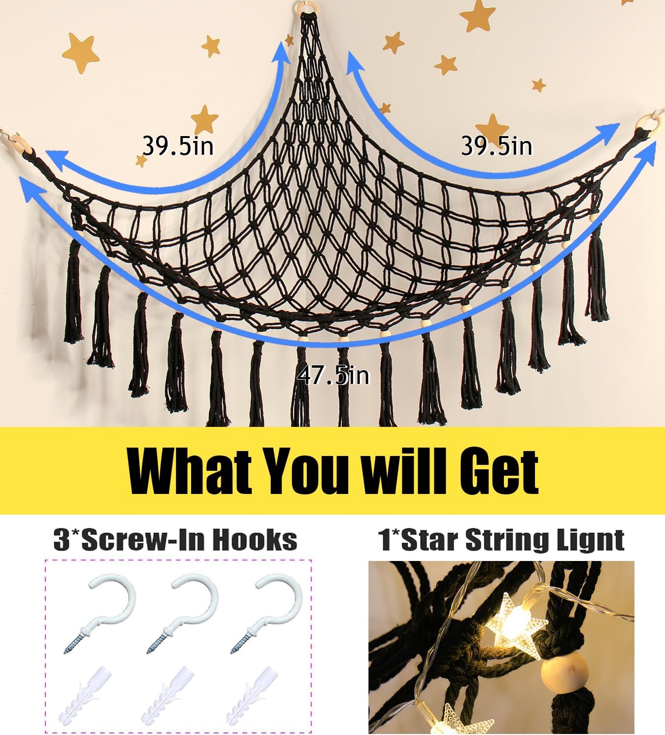 Stuffed Animal Net or Hammock - Hanging Stuffed Animal Hammock Storage - Toy Hammock Holder Boho Wall Corner Hammock Organizer inc LED Light and Hooks, Black - Image 5