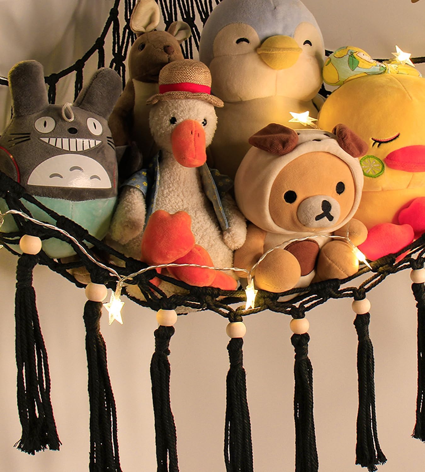 Stuffed Animal Net or Hammock - Hanging Stuffed Animal Hammock Storage - Toy Hammock Holder Boho Wall Corner Hammock Organizer inc LED Light and Hooks, Black - Image 2