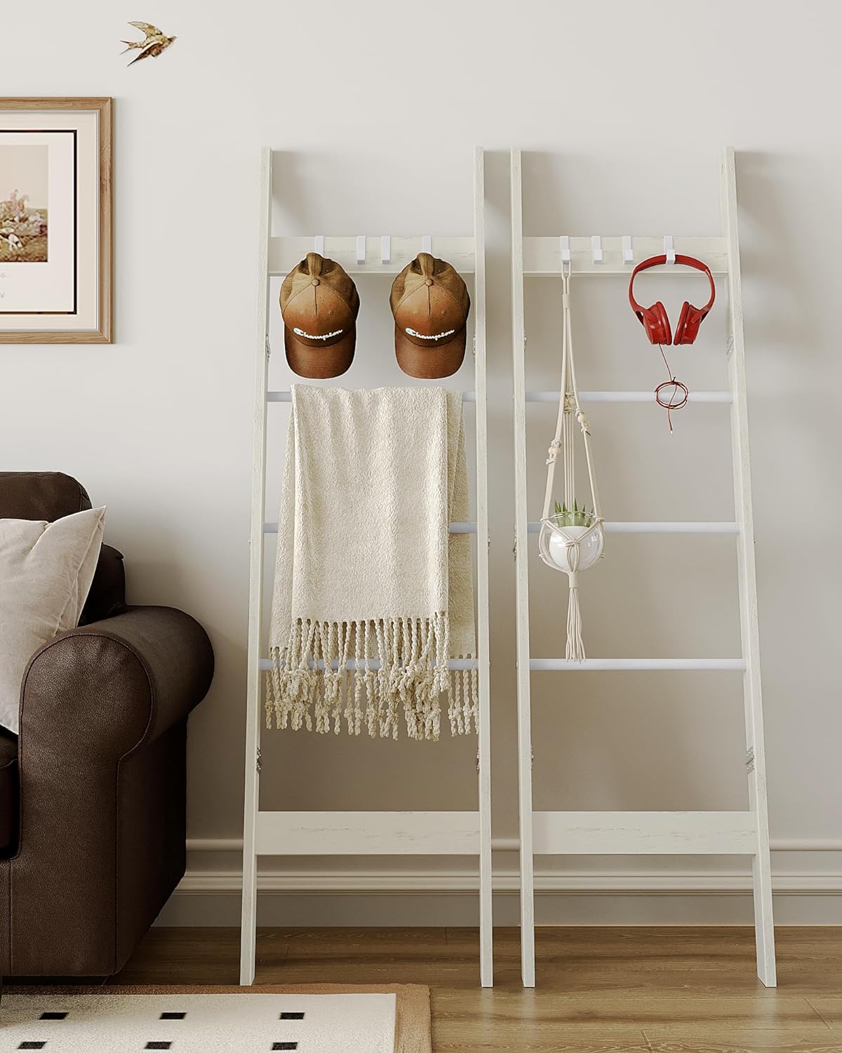 Hzuaneri Blanket Ladder Shelf for Living Room, Decorative Wood Quilt Rack with 4 Removable Hooks, 5-Tier Farmhouse Ladder Holder Organizer for Bedroom, Rustic White BR02114W - Image 3