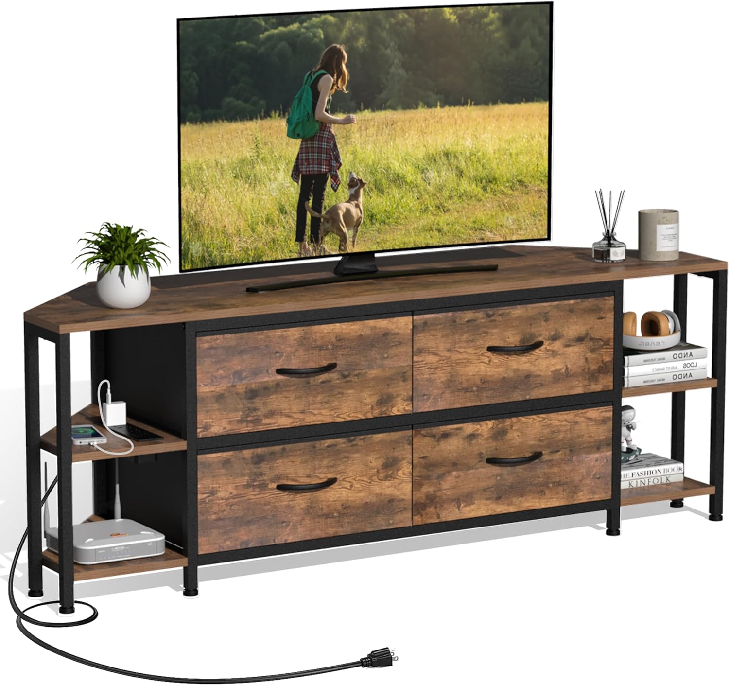 EXOTICA Corner TV Stand for Living Room with 4 Drawers and Power Outlet Industrial Corner Entertainment Center for TVs up to 65 Inches Farmhouse Corner Console Table with 4 Open Storage for Bedroom