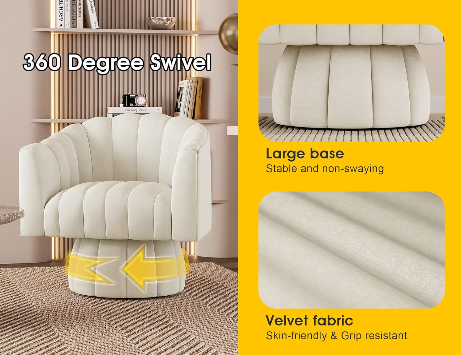 Dewhut Mid Century 360 Degree Swivel Cuddle Barrel Accent Sofa Chairs, Round Armchairs with Wide Upholstered, Fluffy Velvet Fabric Chair for Living Room, Bedroom, Office, Waiting Rooms, (Beige) - Image 5