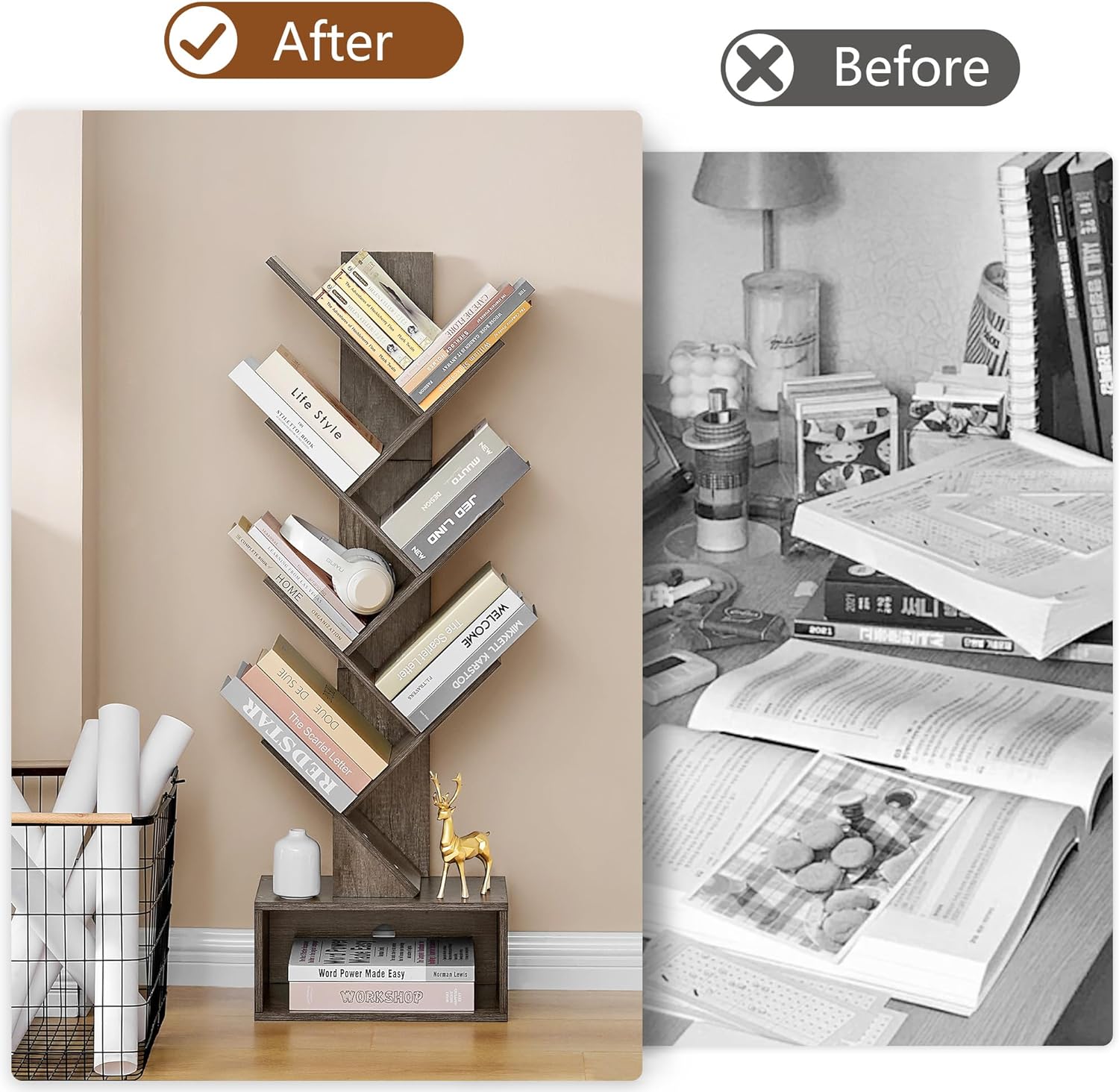 Hoctieon 6 Tier Tree Bookshelf, Tall Bookcase with Drawer, Freestanding Book Shelf, Display Floor Standing Storage Shelf, Book Organizer Shelves for Home Office, Living Room, Bedroom, Grey - Image 8