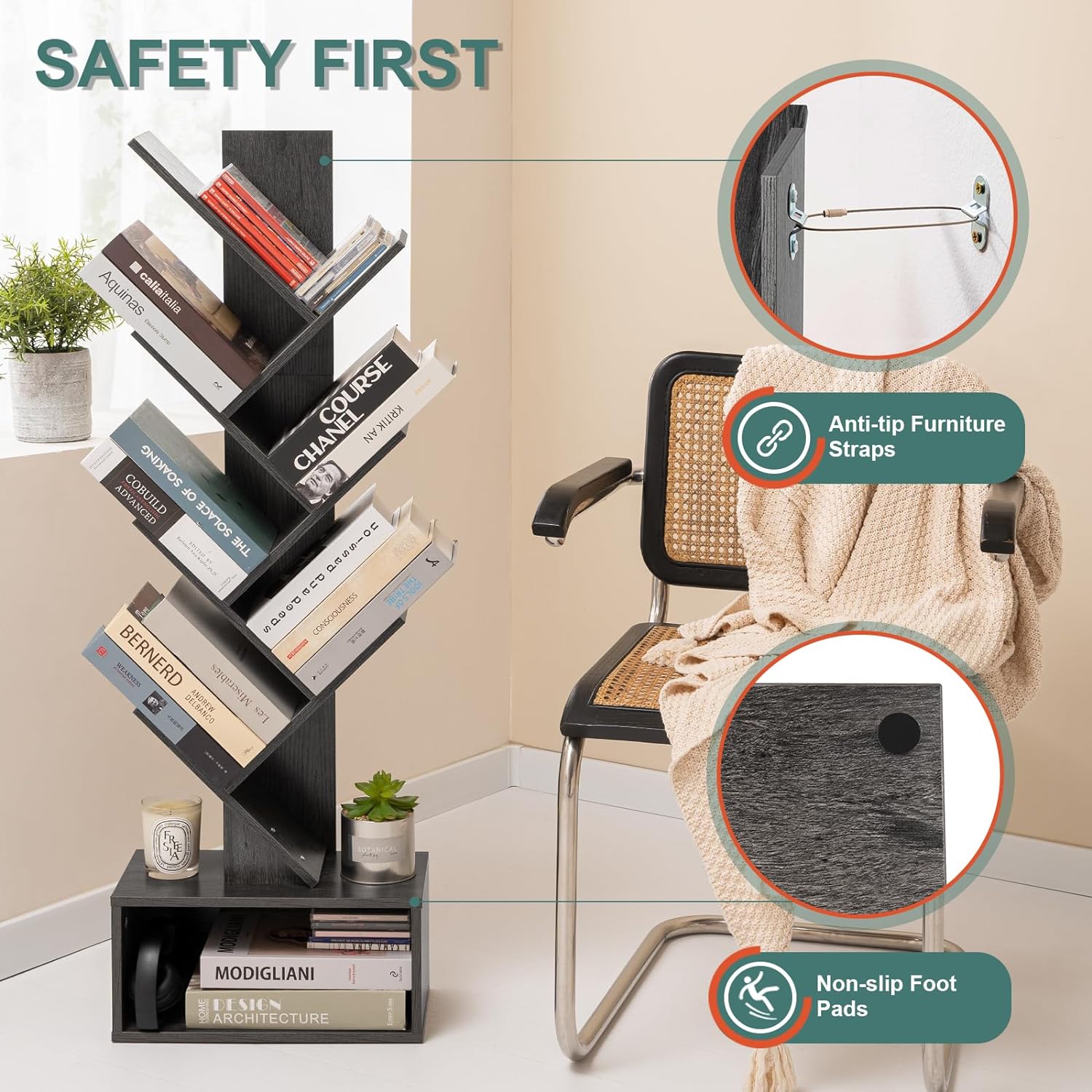 Yoobure Tree Bookshelf - 6 Shelf Retro Floor Standing Bookcase, Tall Wood Book Storage Rack for CDs/Movies/Books, Utility Book Organizer Shelves for Bedroom, Living Room, Home Office, Dark Grey - Image 3