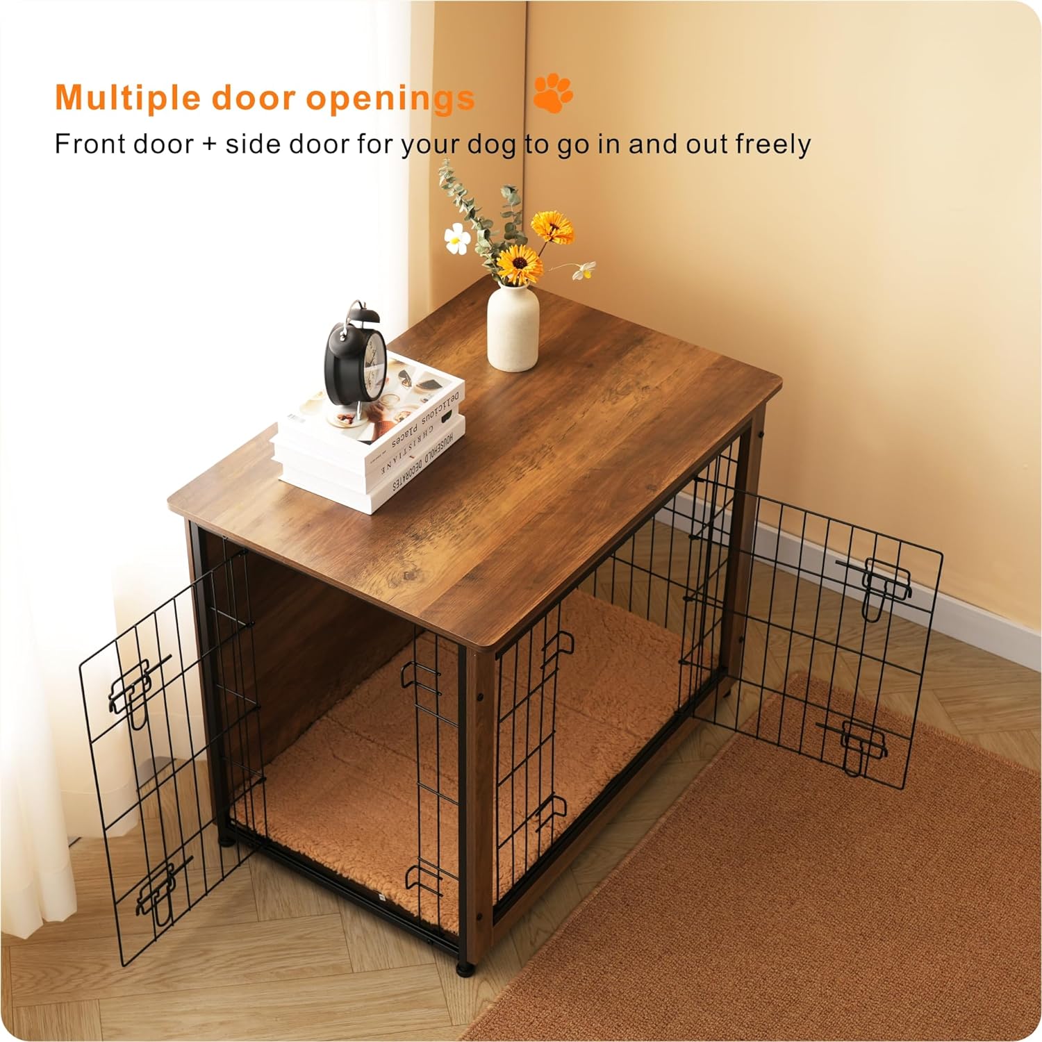 DWANTON Dog Crate Furniture with Cushion, Wooden Dog Crate with Double Doors, Dog Furniture, Indoor Dog Kennel,End Table, Medium, 32.5" L, Warm Brown - Image 2
