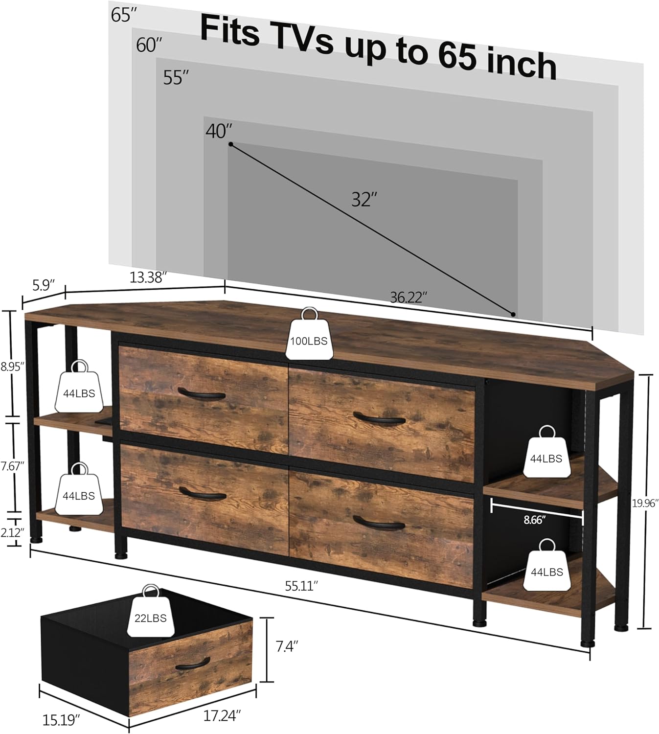 EXOTICA Corner TV Stand for Living Room with 4 Drawers and Power Outlet Industrial Corner Entertainment Center for TVs up to 65 Inches Farmhouse Corner Console Table with 4 Open Storage for Bedroom - Image 2