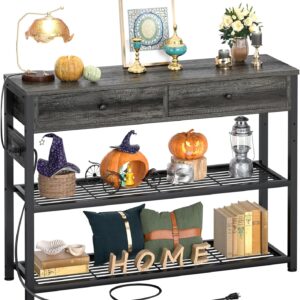 Besiost Small Entryway Table with Storage Shelves, Console Tables with Drawers for Entryway, Sofa Tables with Charging Station for Living Room, Entry Table Couch Table Behind Sofa, 32'', Grey