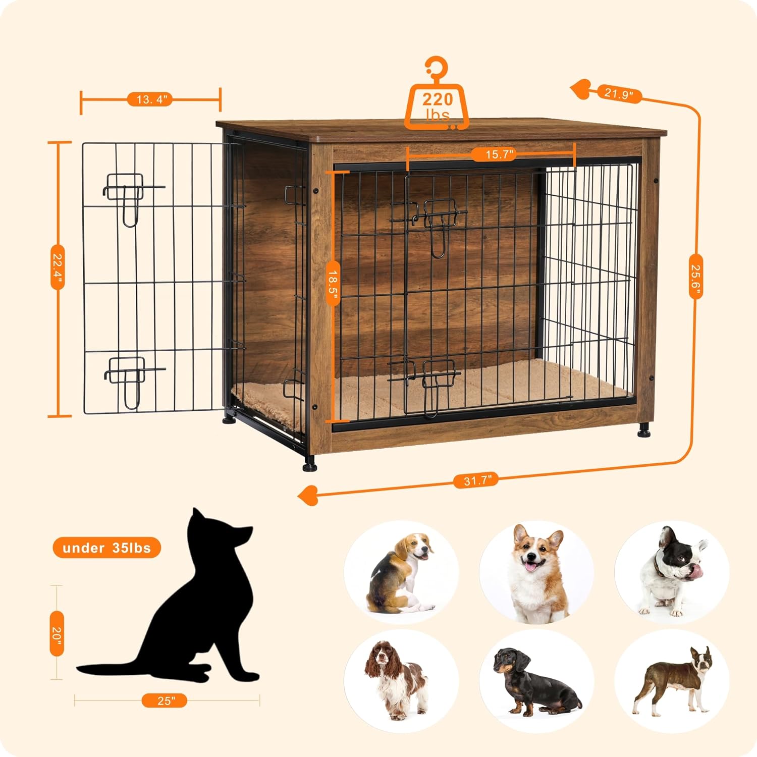 DWANTON Dog Crate Furniture with Cushion, Wooden Dog Crate with Double Doors, Dog Furniture, Indoor Dog Kennel,End Table, Medium, 32.5" L, Warm Brown - Image 3