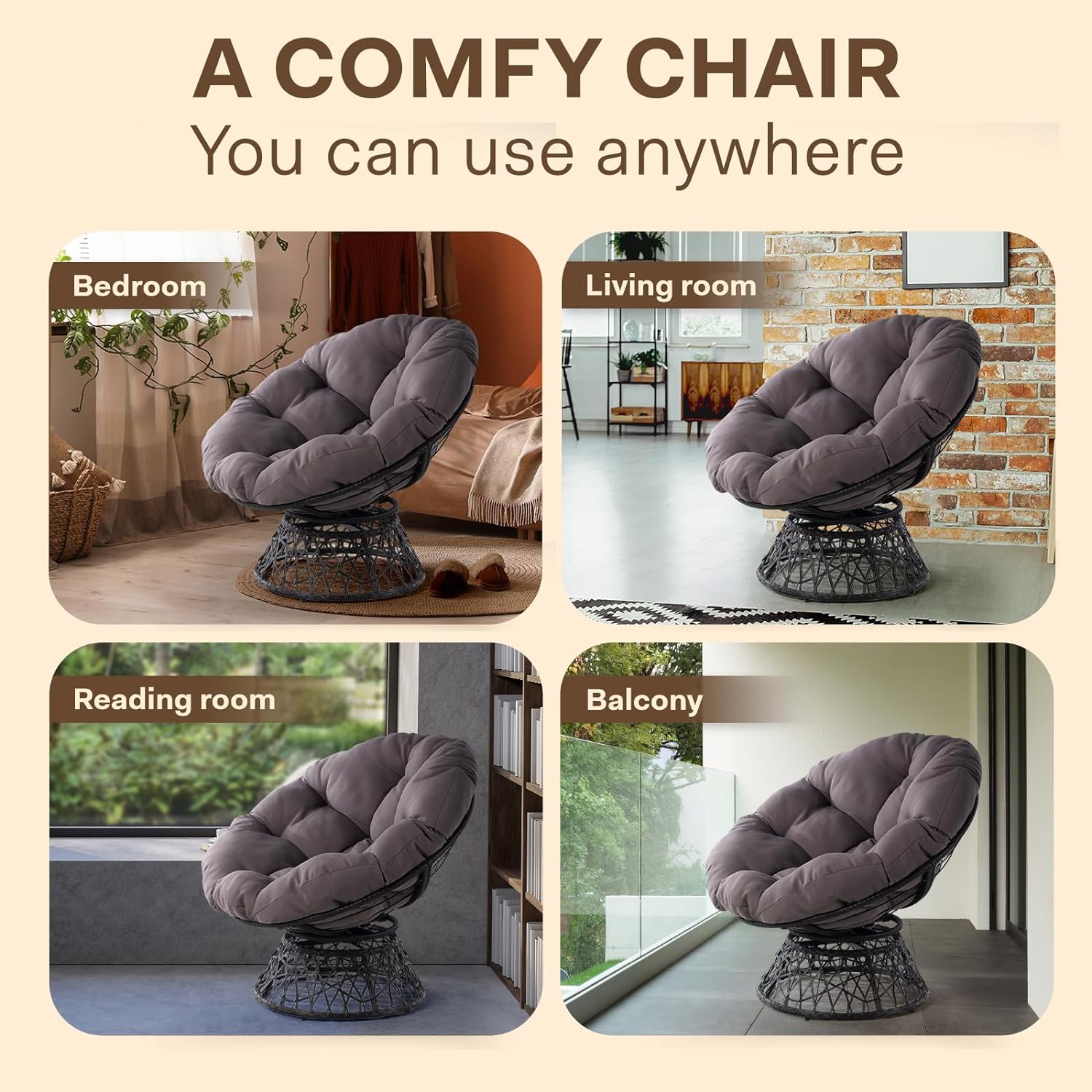 Bme Ergonomic Wicker Papasan Chair with Soft Thick Density Fabric Cushion, High Capacity Steel Frame, 360 Degree Swivel for Living, Bedroom, Reading Room, Lounge, Smoky Quartz - Black Base - Image 5