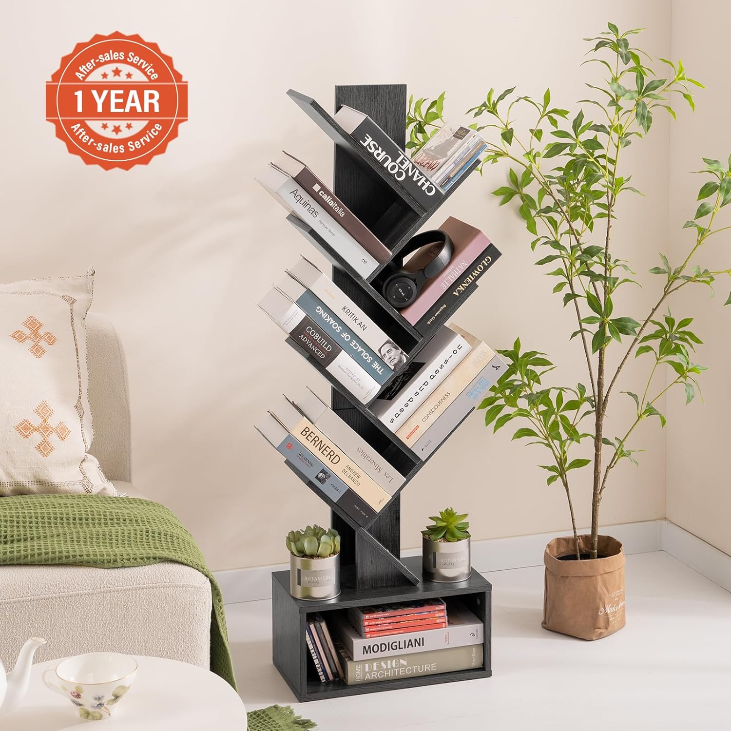 Yoobure Tree Bookshelf - 6 Shelf Retro Floor Standing Bookcase, Tall Wood Book Storage Rack for CDs/Movies/Books, Utility Book Organizer Shelves for Bedroom, Living Room, Home Office, Dark Grey - Image 9