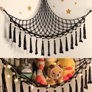 Stuffed Animal Net or Hammock - Hanging Stuffed Animal Hammock Storage - Toy Hammock Holder Boho Wall Corner Hammock Organizer inc LED Light and Hooks, Black