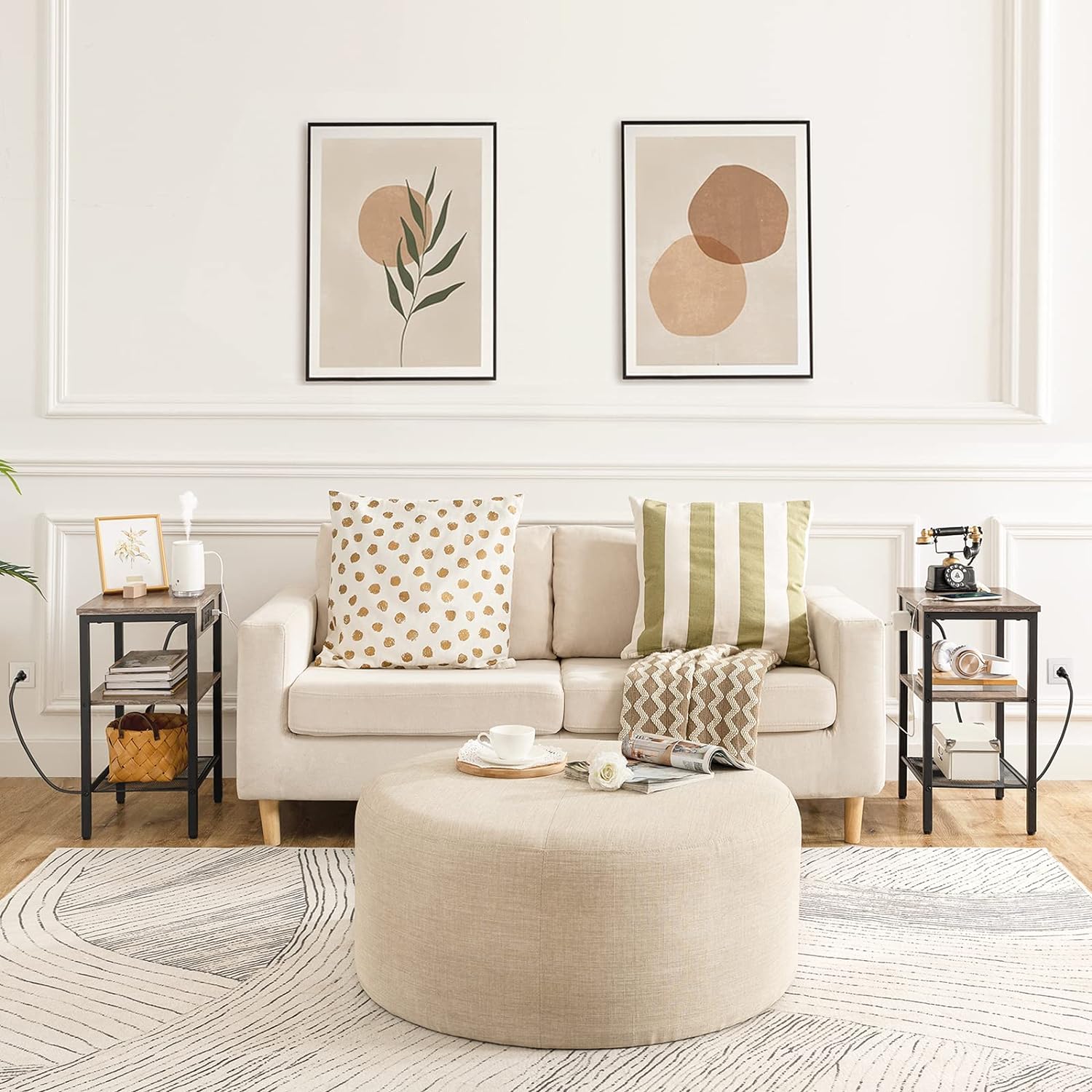 HOOBRO End Tables Set of 2 with Charging Station and USB Ports, 3-Tier Nightstands with Adjustable Shelves, Narrow Side Tables for Small Space in Living Room, Bedroom and Balcony, Greige BG112BZP201 - Image 8